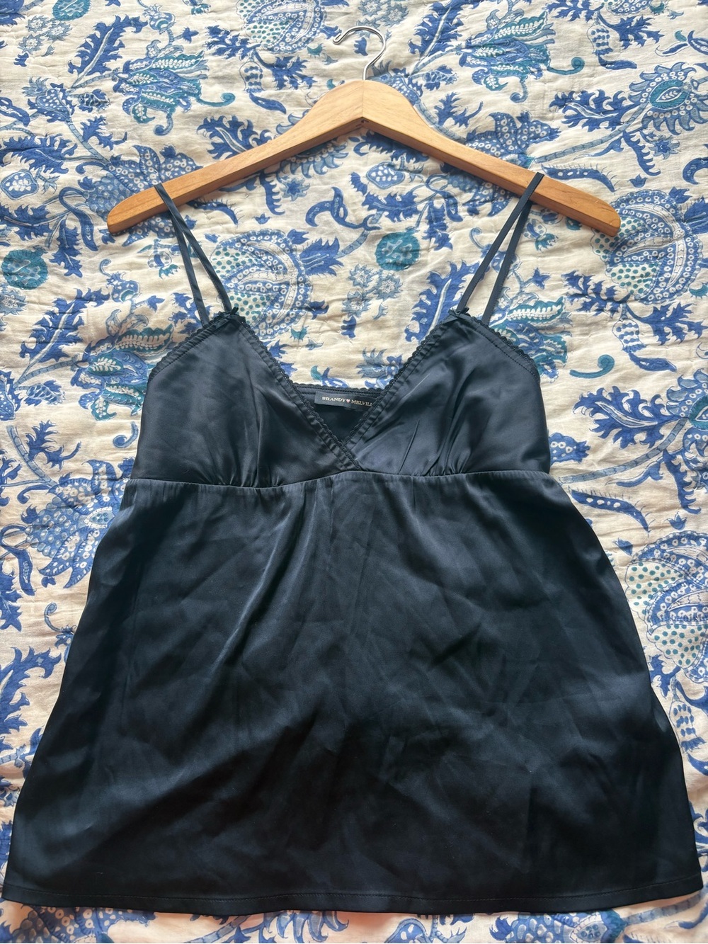 Brandy Melville Navy Satin V-Neck Spaghetti Strap Cami